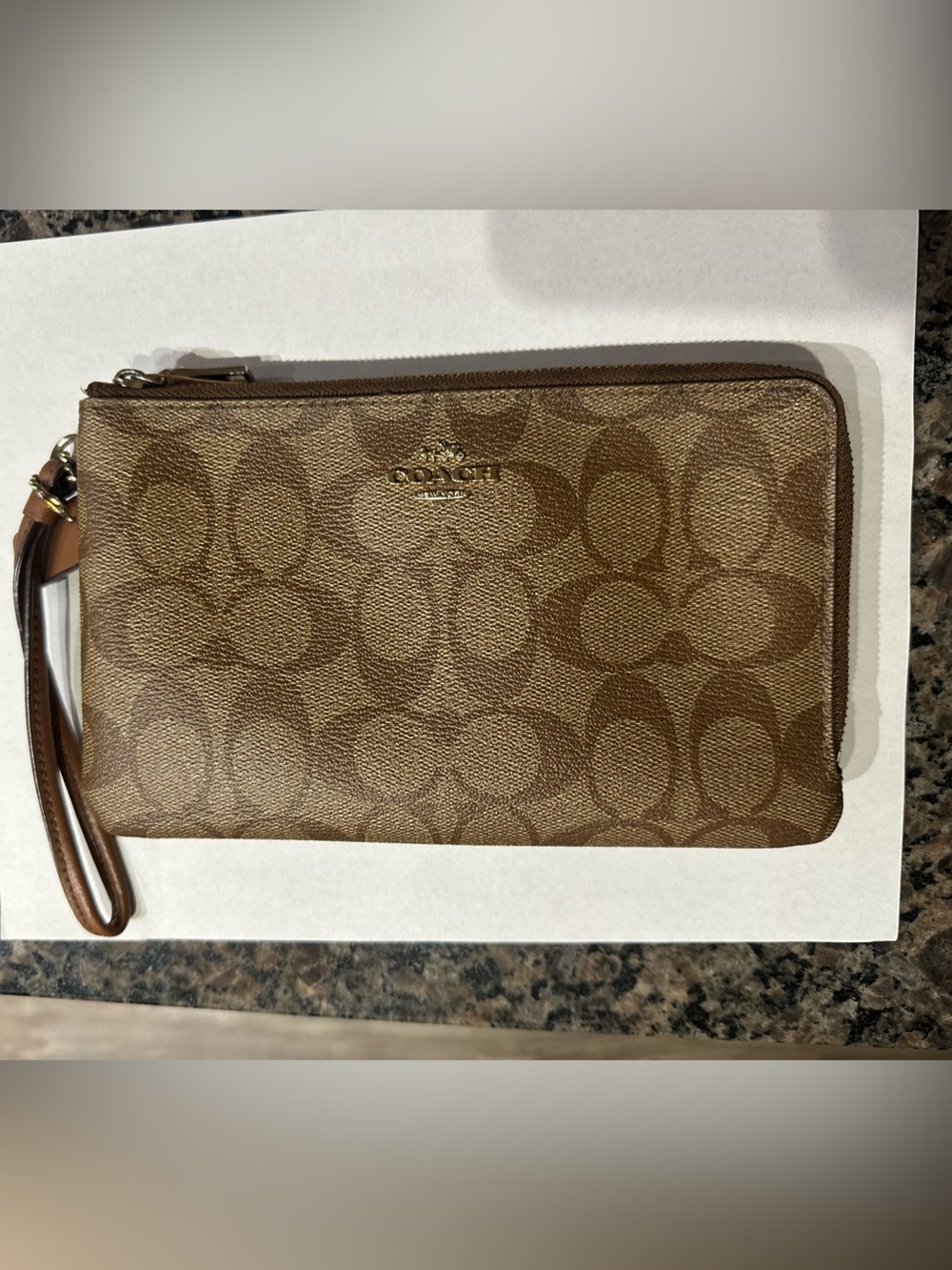 Coach Brown Signature Canvas Double Zip Wristlet Wallet